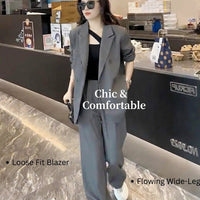 Women's Trouser Suits for Work Wear with Long Sleeve Jacket and Wide Leg Trousers, Ladies Leisure Sets in Polyester Material