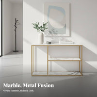 Nordic Design 3-Tier Narrow Table Marble Pattern Top Asymmetrical Multi-Tier Shelf Minimalist Design Sideboard Freestanding for Apartment Dwellers, Homeowners, Renters, Entryway, Hallway, Dining Room, Small Areas