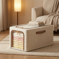 Storage Bin with Metal Frame Space-Saving Storage Box with Lid Foldable Textile Bin Heavy-Duty Portable for Wardrobe, Bedroom