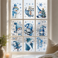 Christmas Window Clings Blue Glitter Snowman Tree Holiday Party Static Decals