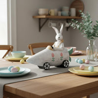 Creative Design Bunny in Carrot Car Figurine Hand-Painted Feature Rabbit Driving Carrot Vehicle Statue Easter Bunny Resin Ornament for Desktop, Office