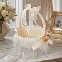 Cream Flower Girl Basket with Ribbon-Wrapped Handle Lightweight Satin Flower Basket with Tulle Skirt Romantic Pre-Decorated for Brides