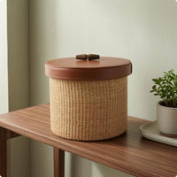 Woven Storage basket Holder Handwoven Fiber Storage basket Leather-Like Trim Woven box