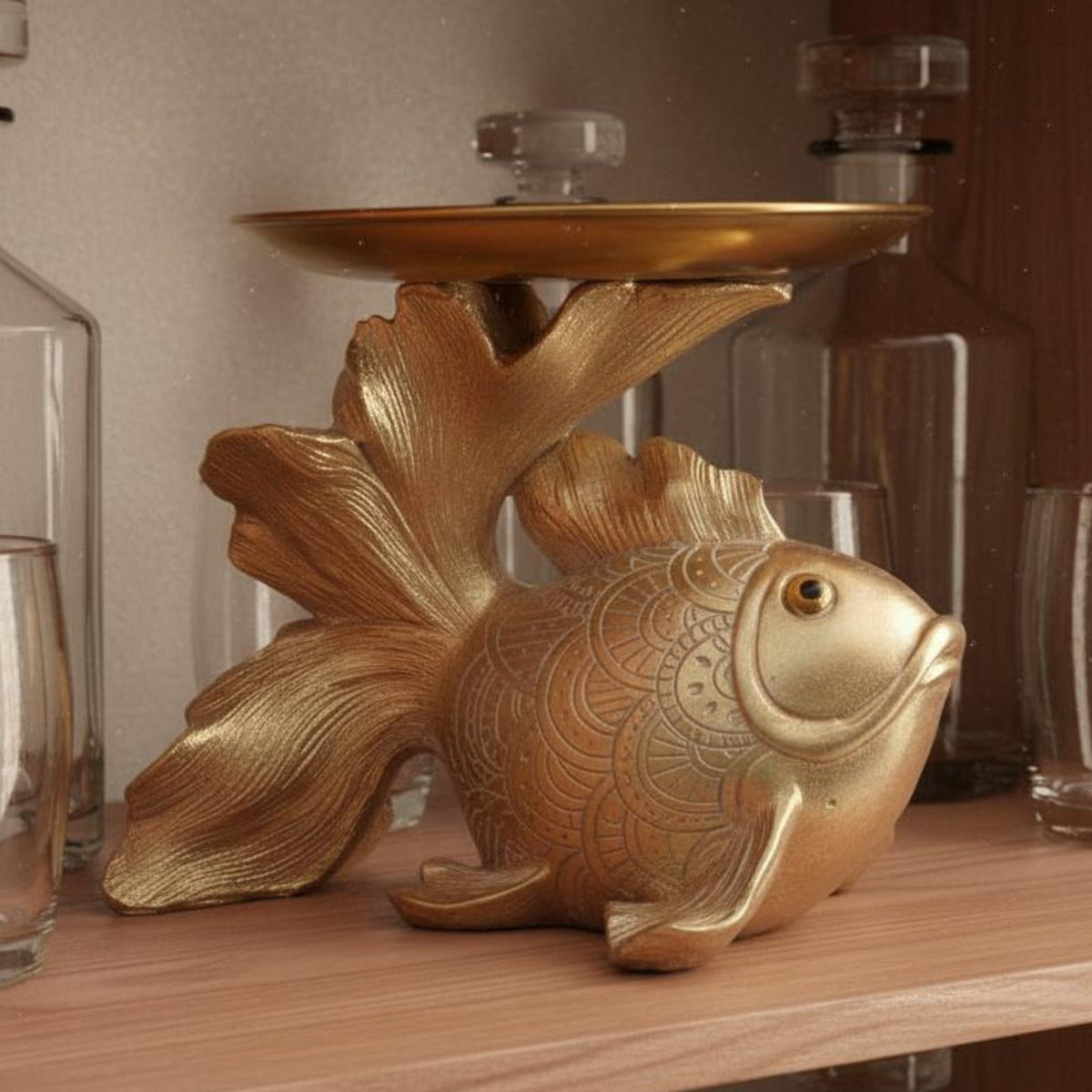 Fortune Symbol Golden Aquatic Creature Figurine Good Luck Charm Golden Aquatic Creature Statue Tray Luxurious Gold Finish for Living Room