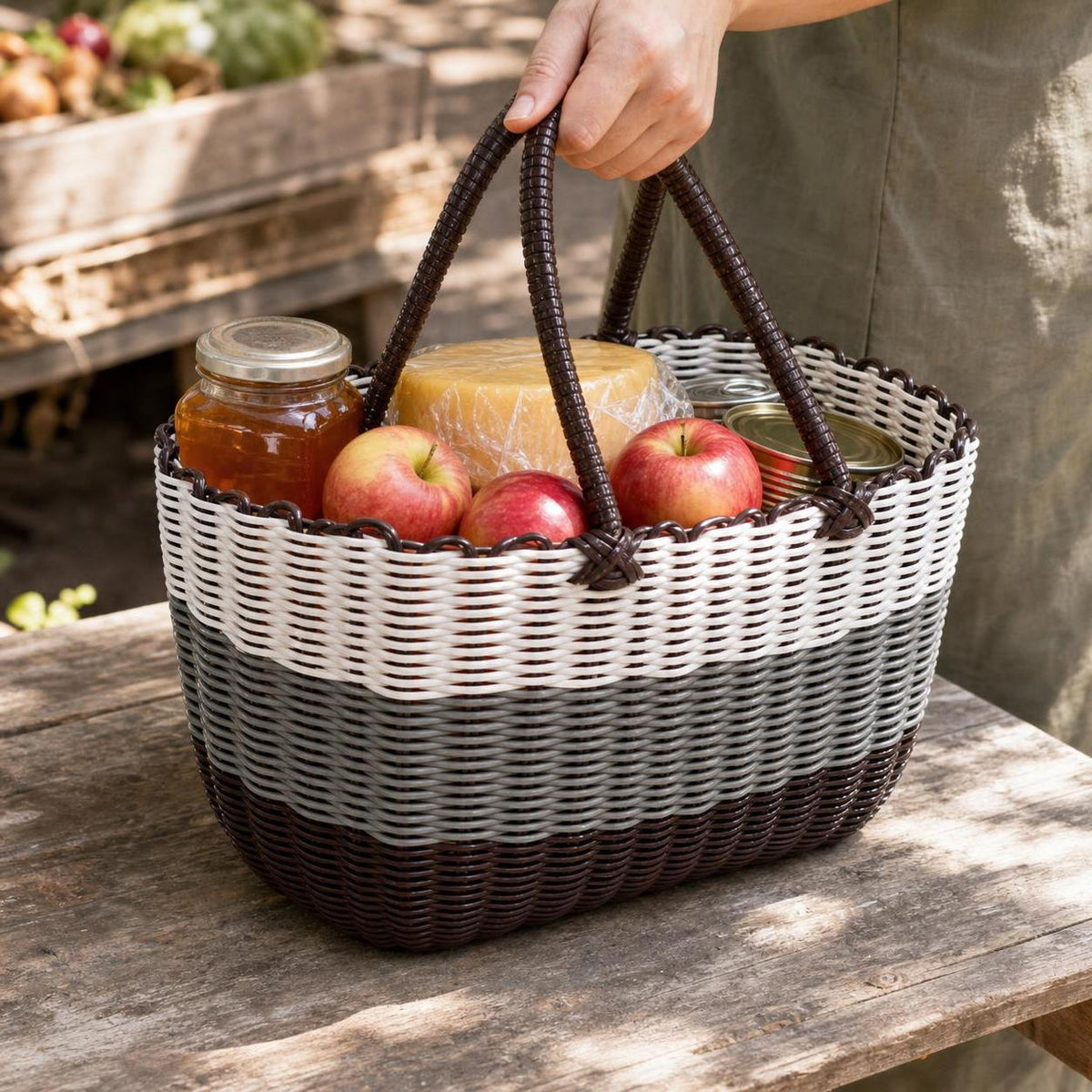 Hand-Woven Plastic Shopping Basket with Handles - Storage & Pet Carrier