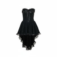 2 Pieces High-Low Hem Strapless Corset Dress with Lace Shrug without-Shoulder Design Lace-up Bustier and Skirt Set Waist Cinching Dark Romantic Outfit Ruffled Trim for Goth Enthusiasts, Young Adults, Photoshoots, Cosplay Events, Stage Performance