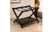 Foldable Folding Luggage Rack with Shelf Double-Tier Bamboo Suitcase Stand with Shelf Long-Lasting Luggage Rack with Two Shelves Sturdy for Travelers, Bedroom