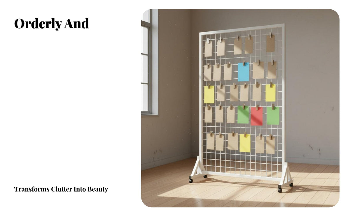 Portable Grid Display Stand With Wheels Mesh Display Panel Display Stand Versatile Floor Standing Wire Rack for Retailers, Exhibitions