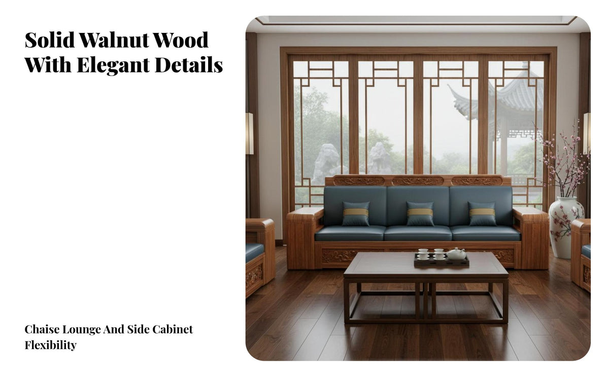 Chinese Design Carved Sofa Carvings Solid Wood Sofa Set Four-Season Use L Shaped Couch for Families, Adults, Home, Reception Area, Small Space