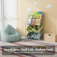 On casters Rolling Book Organizer Front-Facing Display 5-Tier Rolling book organizer Space-Saving children's Furniture Slim contour for Toddlers, Students, Nursery, Playroom, Kindergarten, Living Room