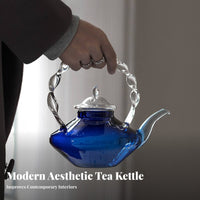 Blue Glass Teapot Heat Resistant Twisted Handle Glass Teapot Elegant Design