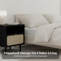 Nordic and design Rattan Drawer Cabinet Minimalist woven-rattan Drawer Side Table Woven Front Nightstand sturdy Wood Legs for Apartment Dwellers, homeowners, Students, Bedroom, Living Room, Small areas, Office