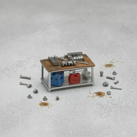 Molded Details Miniature Repair Workbench Artisanal 1:64 Scale Workbench Detailed Miniature Workshop Bench Printed Markings
