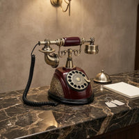 Burgundy-Red Vintage Rotary Telephone Gold-Tone Accents Decorative Tabletop Telephone Ornate Old Fashioned Corded Phone Coiled Cord