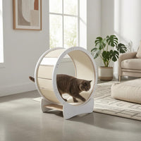 Textured Track Indoor Feline Exercise Wheel White Frame Feline Exercise Wheel Curved Base Pet Equipment Wood-Toned