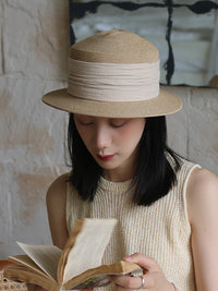 Ander Jurnal草编防晒草帽女秋季轻法式平顶平檐户外出游遮阳礼帽