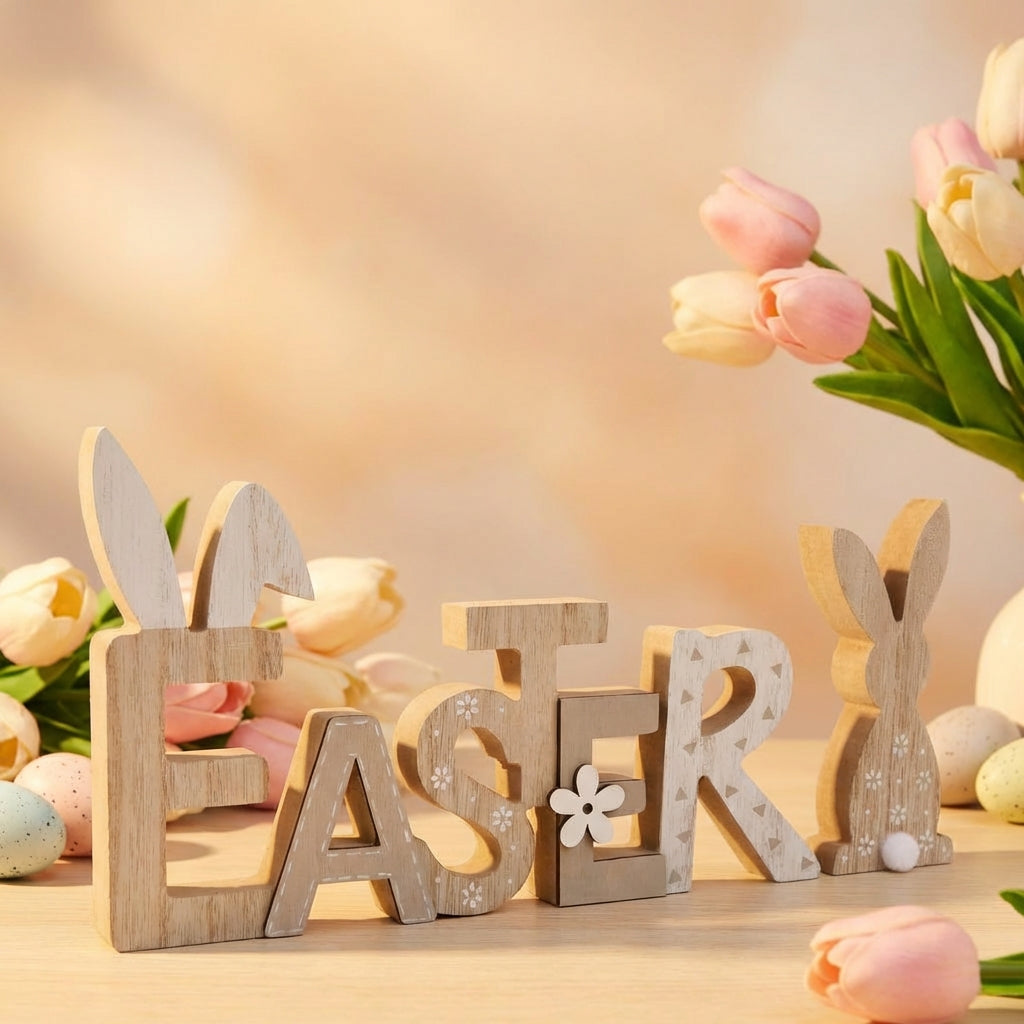 2 Pieces Easter Bunny Table Decor Freestanding Design Wooden Easter Decor Set Distressed Finish Rustic Bunny Figurine for Living Room, Shelf, Entryway