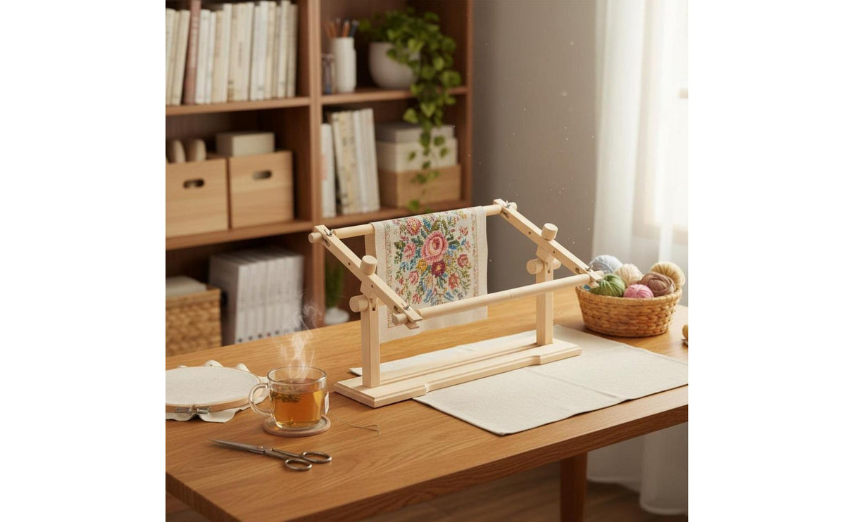 Tabletop Embroidery Stand Solid Wood Beech Embroidery Frame Rotatable Cross stitching Frame Stand for Crafters, Beginners, Desk, Craft Room