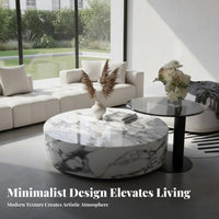Wabi-Sabi Aesthetic Round Drum Table Minimalist Design Living Room Furniture Faux Travertine Finish Rounded Edges for Interior Designers, Apartment Dwellers, Families with Children, Small Areas, Lounge Area, Home Office, Bedroom