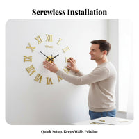 Punch-Punchless Installation DIY Frameless Wall Clock Silent Movement Frameless Roman Numeral Clock Easy to Install for Renters, Bedroom