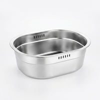 Rice Washer and Strainer Bowl Set, Stainless Steel Oval Washing Basin and Deepened Flat Bottom Rice Strainer for Pasta Spaghetti, 2 Piece Kit
