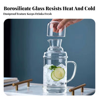 Hot and Cold Use Glass Pitcher with Cup Lid Heat Resistant Glass Carafe with Tumbler Lid Large Capacity for Guests, Homeowners, Home, Office