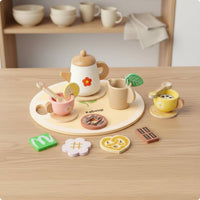Wooden Pretend Tea Party Set and Wooden Tea Set Colorful Pieces for Children, Playroom