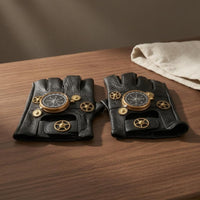 Gold-Tone Gear Details Steampunk Fingerless Gloves Compass Dial Black Leather Fingerless Gloves Textured Finish
