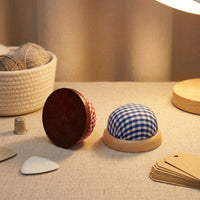 Handmade DIY Wooden Base Pincushion Checkered Pattern Pincushion Sewing Needle Cushion for Crafters, Patchwork