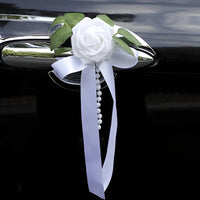 Satin Car Mirror Flower with Pearls Lightweight Wedding Car Flower with Ribbon Ornamental Artificial Rose with Streamers Vivid for Brides