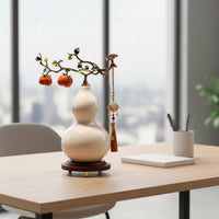 Gourd Statue with Tassel Chinese-Style Gourd Figurine with Wooden Base Feng Shui Tabletop Sculpture for Art Collectors, Living Room, Housewarming