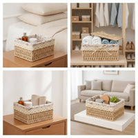 Storage Basket with Liner Handwoven Basket with Textile Liner Hand-Woven Rectangular Storage Box for Shelves, Bedroom, Living Room