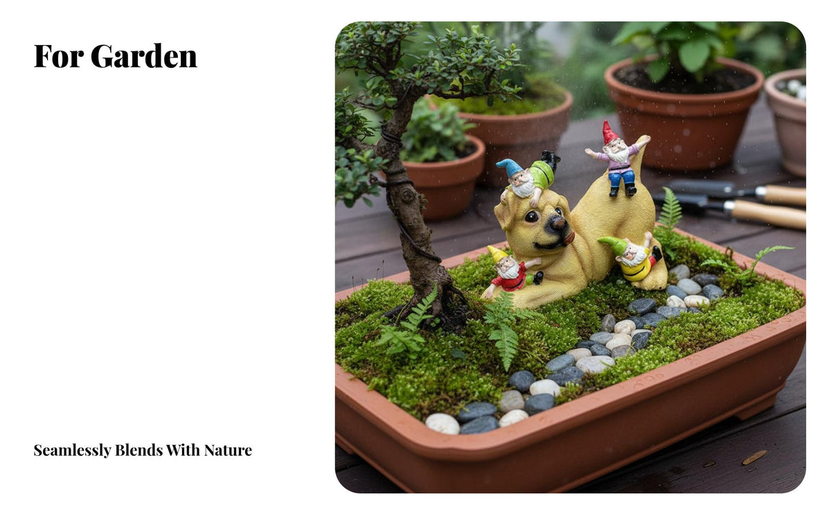 Dog and Gnomes Statue Garden Gnome Dog Sculpture Weather Resistant Funny Gnome Yard Figurine for Gardeners, Patio