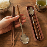 Wooden Stainless Steel Cutlery Set, Spoon, Fork Set, 3-Piece Set, With Case, Portable, For Students, For Adults