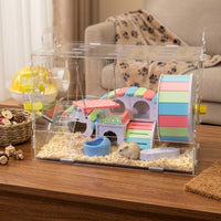Transparent Hamster Cage Villa, Large Acrylic Multi Level Habitat for Dwarf Pet Mice, Interactive Hamster Cage with Wheel and Ramp Accessory