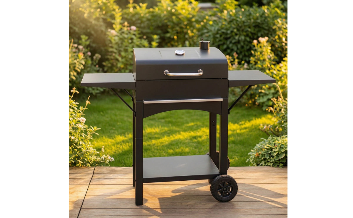 Briquette-Fueled Grill with Side Shelves Outdoor Briquette-Fueled Grill with Thermometer Porcelain-Enameled for Home Cooks, Backyard, Patio, Garden