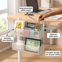 Office Desk Hanging Basket with Adjustable Iron Frame for Storage, Shelf Organizer with Hooks for Home Workers, No Drill Installation