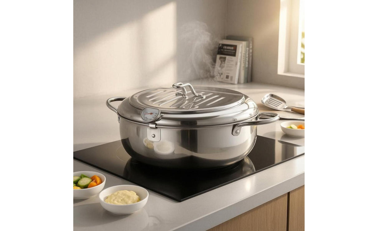 Deep Fryer with Thermometer Removable Draining Rack Stainless Steel Fryer Pot Deep Frying Pot Vented Lid