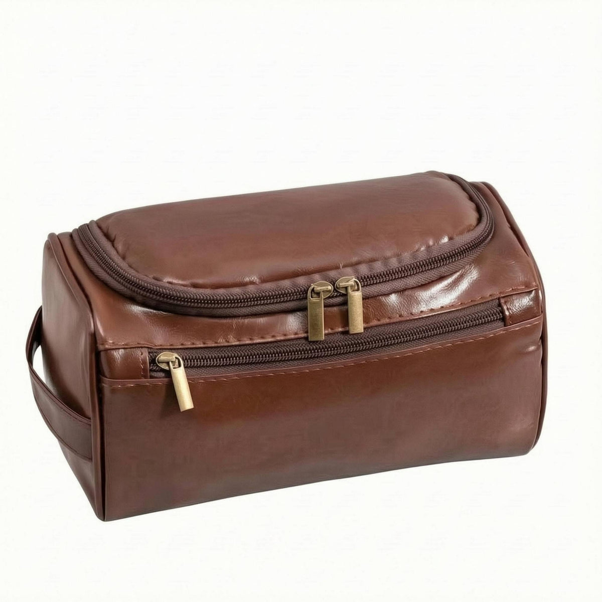 Front Zipper Pocket Barrel Toiletry Bag PU Leather Cosmetic Bag Glossy Finish Travel Cosmetics Case