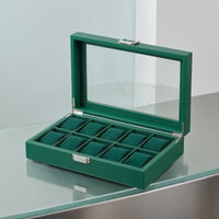 Green Leather 10-Slot Watch Box Padded Compartments 10-Slot Watch Organizer Velvet-Lined