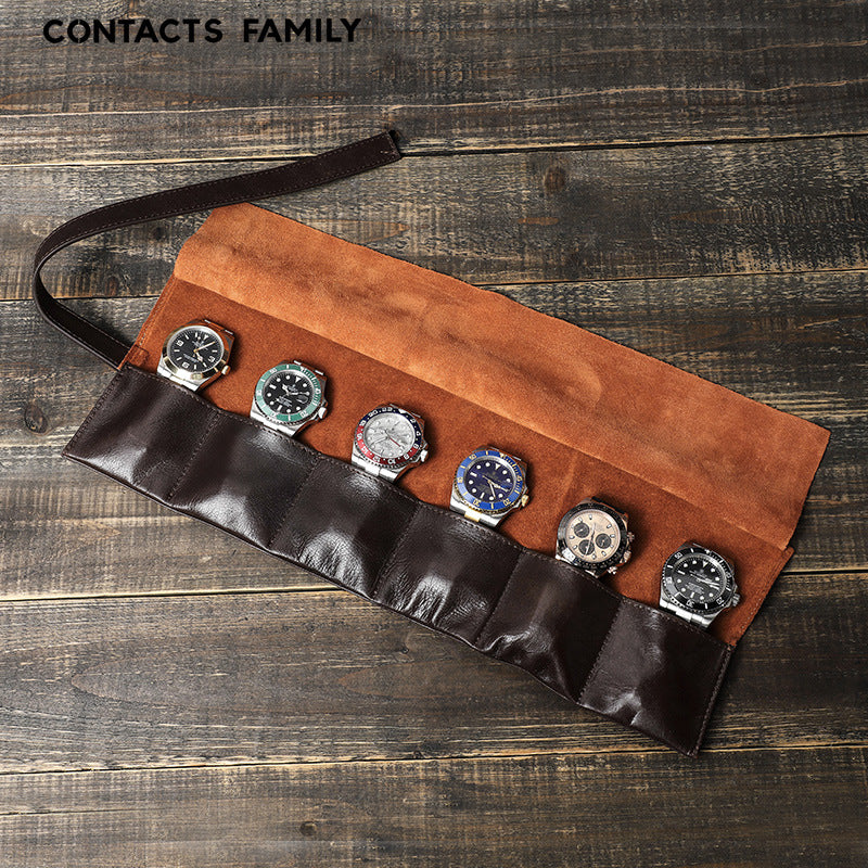 Genuine Leather 6-Slot Watch Roll with Oil Wax Finish, Travel Portable Mechanical Watch Storage Bag