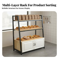 Bakery Display Rack Spacious Storage Bread Display Stand Heavy-Duty Multi-Tier Shelf with Cabinet for Retailers, Supermarket, Cafe, Convenience Store