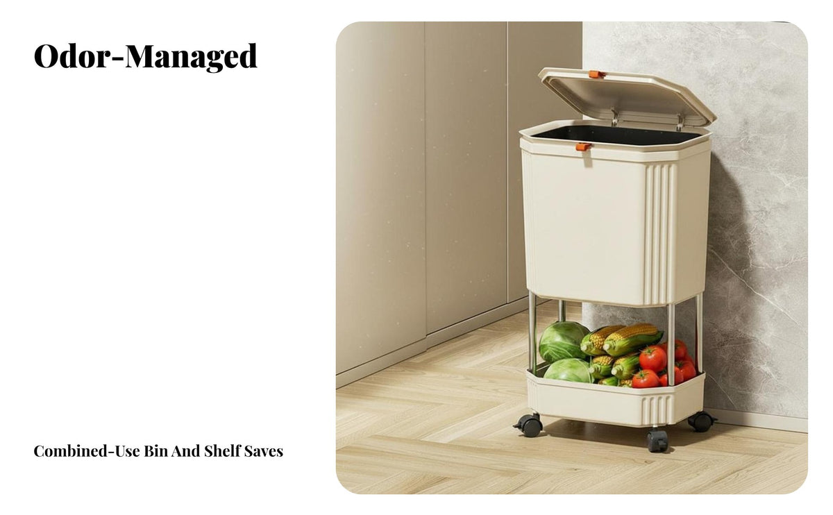 Kitchen Trash Can with Shelves Sliding Lid Multi-Tier Waste and Storage Trolley Rolling Utility Cart with Trash Bin for Bathroom