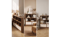 Low Bookshelf with Cubbies Wood Grain Bookcase with Doors Floor-Standing Low Bookcase for Bedroom, Reading Corner