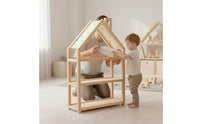 Playful Design House Shaped Bookshelf Solid Wood Wooden Kids Bookcase Floor Standing Nursery Storage Organizer for Toddlers, Playroom