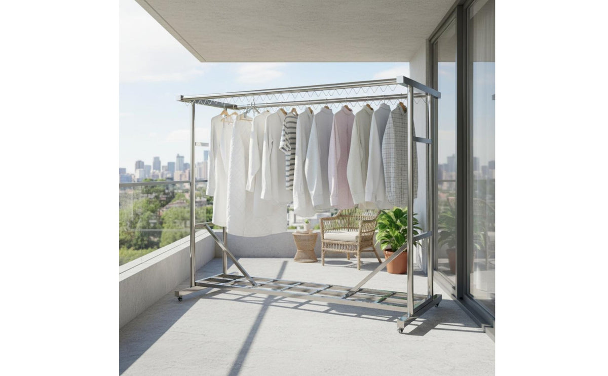 Windproof Design Rolling Laundry Rack with Shelf Heavy Duty Stainless Steel Clothes Horse for Balcony