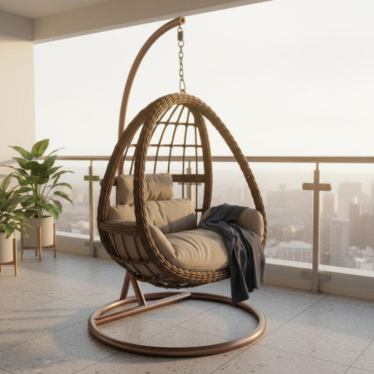 Hanging Oval Chair with Stand Indoor Outdoor Freestanding Wicker Swing Chair Leisure Furniture Weather Resistant for Living Room