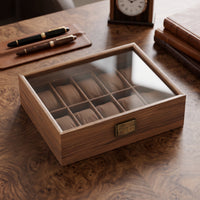 Walnut Watch Box with Glass Lid 10-Slot Watch Display Box Clear Storage Holder Sturdy for Dresser