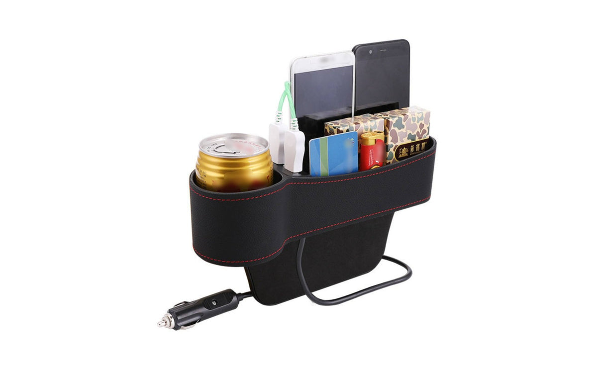 Space Filler with USB Universal Fit Seat Space Storage Box Prevents Items from Falling Car Storage Box with Beverage Holder Holder