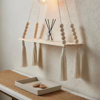 Natural Wood Macrame Wall Hanging Shelf Bohemian Tapestry Shelf Home Storage for Bedroom